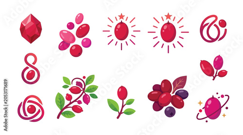 Fényképezés Collection of abstract red berry and gemstone icons and symbols.