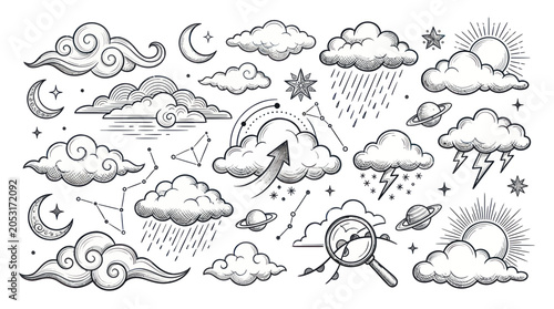 Fotografie Hand-drawn Weather Icons: Clouds, Moon, Sun, Stars, Rain, Lightning, Planets