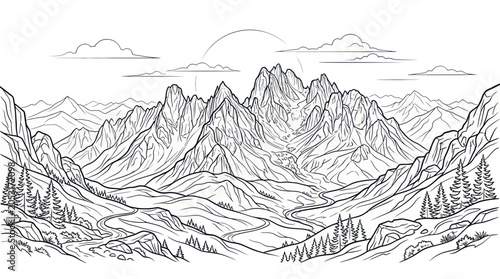 Canvas Print Majestic Mountain Range Landscape Line Art Illustration