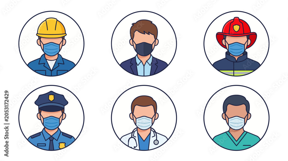 Fototapeta premium A set of 6 professional worker avatar icons wearing protective face masks.