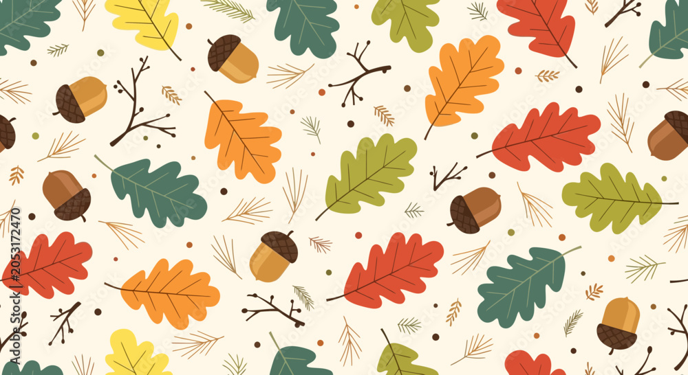 Fototapeta premium Autumn Fall Seamless Pattern: Oak Leaves, Acorns, Twigs, and Pine Needles on Creamy Background