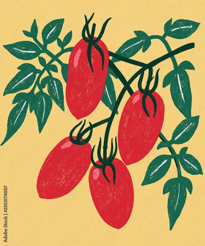 Fototapeta premium Vibrant Illustration of Ripe Roma Tomatoes Growing on the Vine with Green Leaves