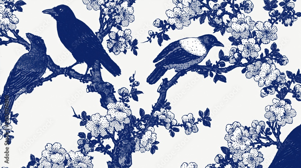 Obraz premium Traditional Blue and White Chinoiserie Bird and Blossom Illustration on White Background