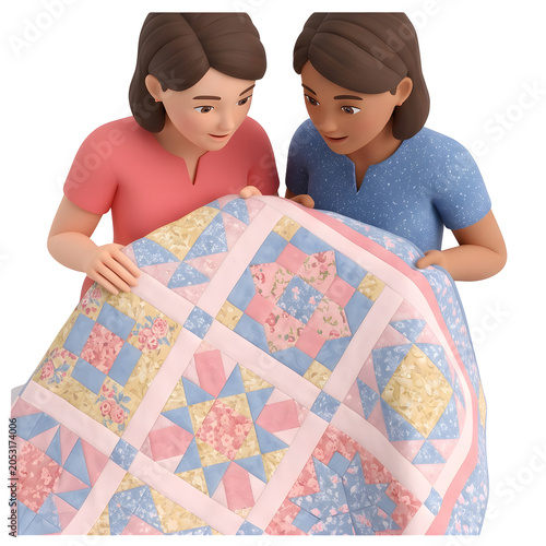 Two women holding a colorful handmade quilt