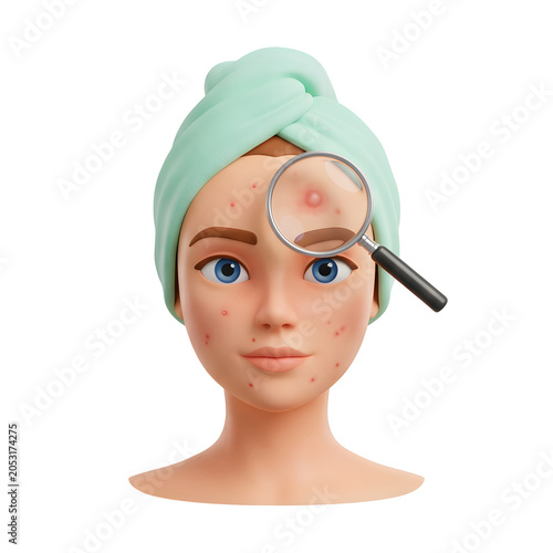 Woman with acne examined under a magnifying glass