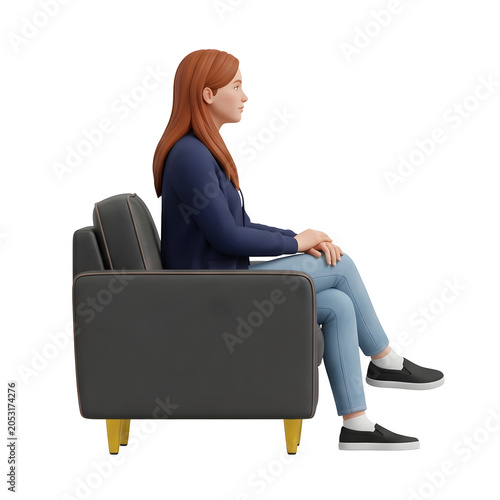 Woman sitting on a modern sofa, profile view
