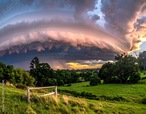 Dramatic sunset over rural countryside landscape.