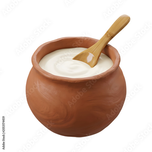Yogurt in a Clay Pot with a Wooden Spoon
