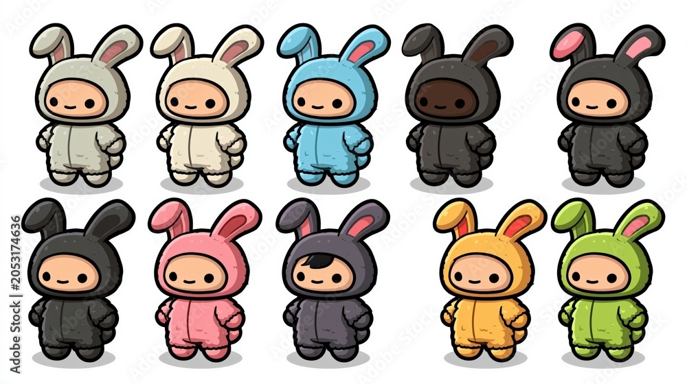 Fototapeta premium Cute Kawaii Bunny Costumes in Various Adorable Colors for Children's Designs and Easter Celebrations