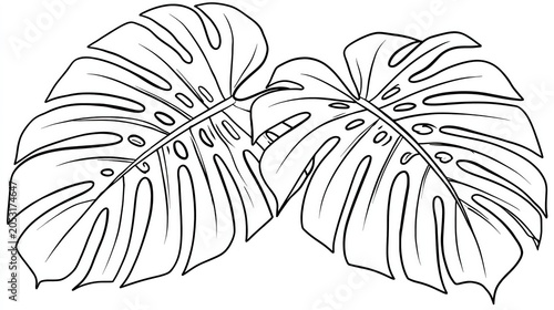 Elegant Black and White Line Art Illustration of Two Large Split Monstera Deliciosa Leaves
