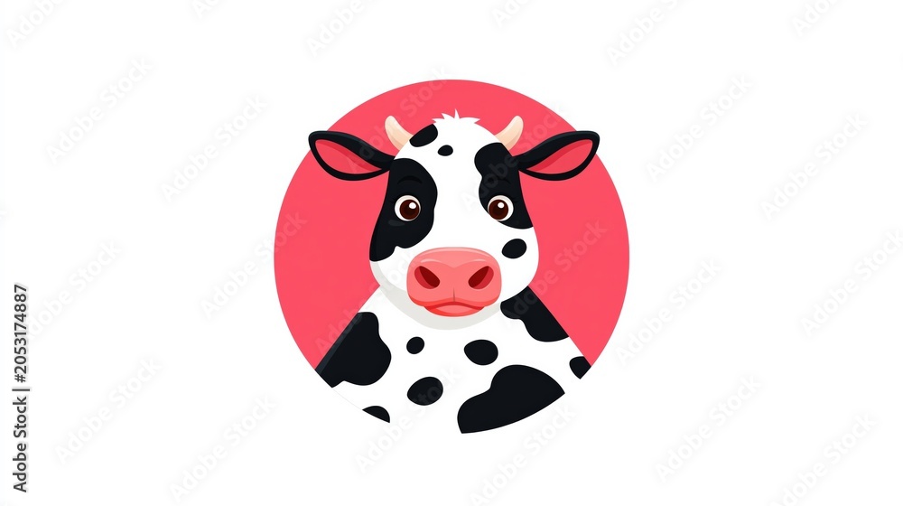 Naklejka premium Cute Black And White Holstein Friesian Cow Face Mascot Illustration On Pink Circle Background