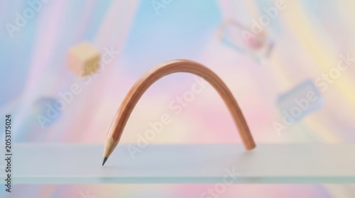 Bent wooden pencil standing on a glass surface. Creative thinking and nonconformity concept. Unique approach to problem solving and success. Abstract inspiration and artistic vision.