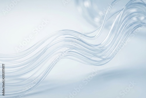 Wave of translucent plastic tubes flowing across a light gray background. Abstract lines representing modern technology, connectivity, fiber optic data flow, and industrial material design.