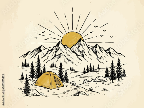 Minimalist mountain sunset illustration with camping tent.
