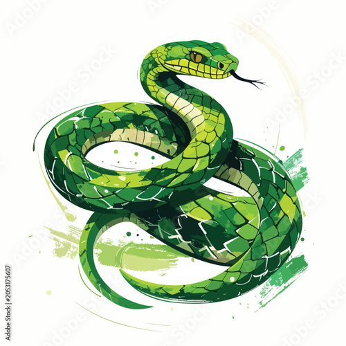 Stylized artistic illustration of a vibrant green snake coiled in a defensive pose.