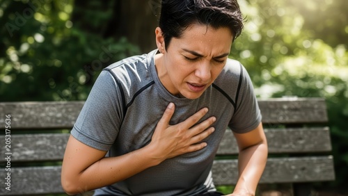 Woman experiencing chest pain or breathing difficulty while sitting on a park bench outdoors.