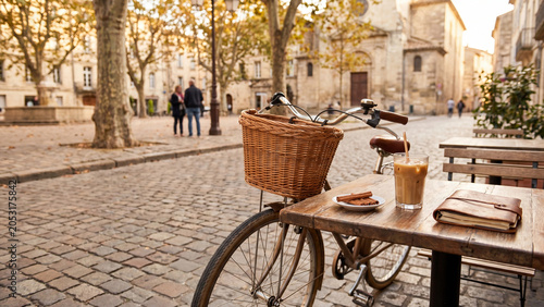 Bicycle with a wicker basket stands beside a small cafe table displaying a glass of cold coffee and a notebook on a traditional stone paved plaza.