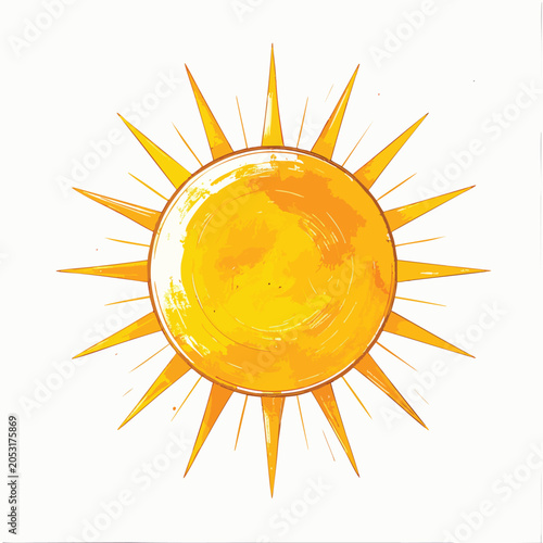 Hand drawn watercolor illustration of a bright yellow sun with radiating rays.