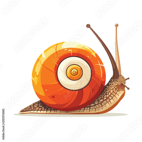 Stylized artistic illustration of a cute snail with an orange shell.