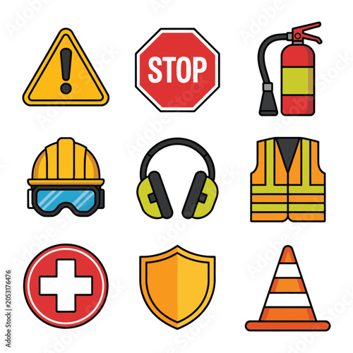 Workplace Safety And Industrial Protection Icon Collection Featuring PPE Gear Emergency Symbols And Construction Safety Elements