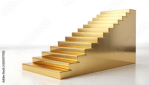 Golden stairs ascending upwards dramatically in a bright clean room