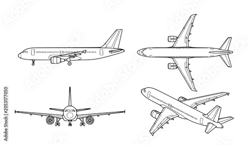 Картината върху платно Commercial Airplane Line Art Set with Multi View Aircraft Aviation Technical Ill
