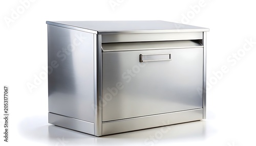 A stainless steel filing cabinet with a single drawer is placed on a white surface in an office environment.
