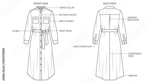 Photos Fashion illustration of a long sleeve belted shirt dress with annotations