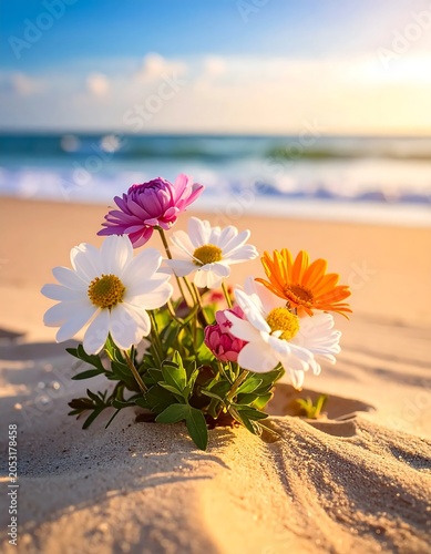 Colorful wildflowers in glass vase on wooden table.