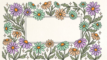 A vibrant assortment of colorful spring blossoms frames a central rectangular parchment area which serves as a decorative border for writing messages during festive occasions or creative garden