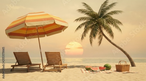 Retro summer vacation scene palm tree watermelon beach umbrella sun
