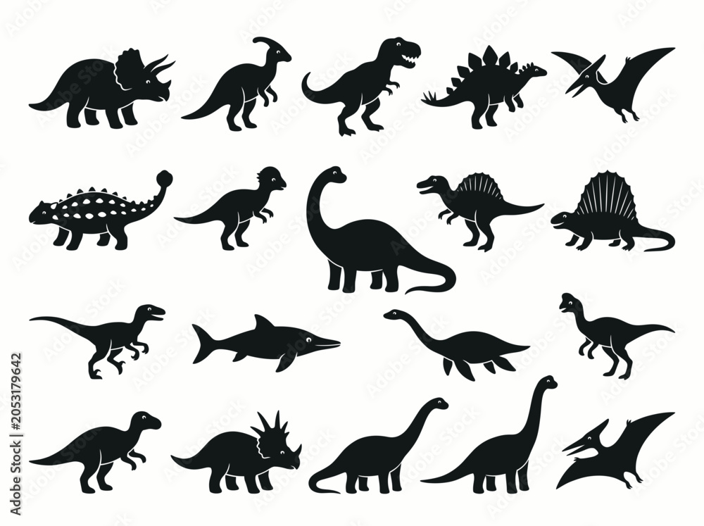 Obraz premium Set of black silhouettes of different dinosaurs