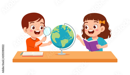 Happy Asian boy with magnifying glass and girl with book explore a globe on table smiling joyfully