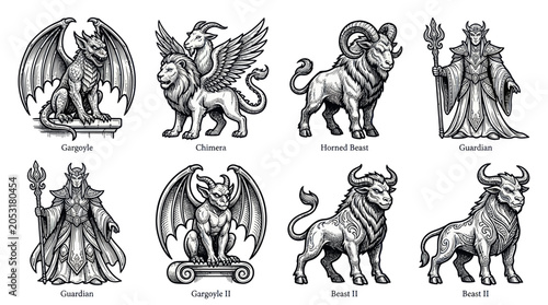 Bild auf Leinwand Mythical Creatures Collection: Gargoyles, Chimera, Ram, Guardians, Beasts