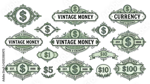 Vintage Money Labels Collection: Dollar Bills, Currency, Trade & Exchange Badges