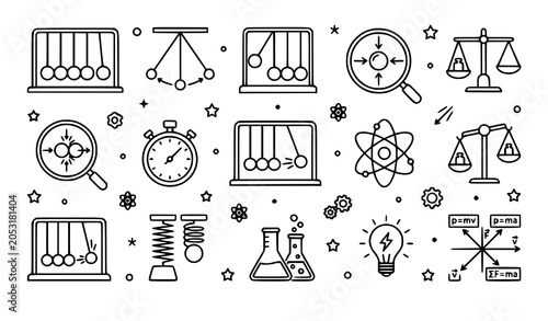 Newton's cradle icon set vector outline physics symbols isolated on white