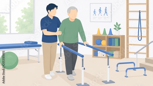 理学療法士が高齢男性の歩行リハビリを補助する医療イラスト