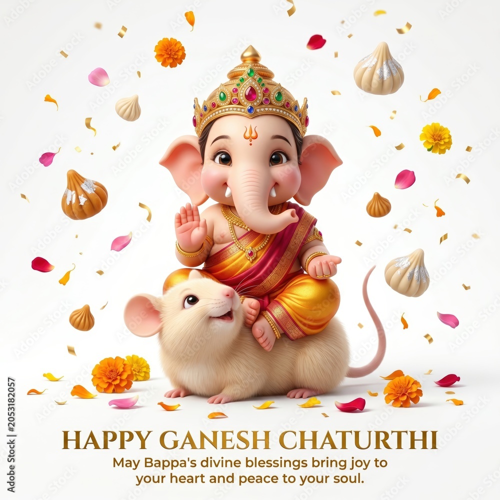 Naklejka premium Cute baby lord ganesha sitting on mouse with modak sweets and floral confetti for ganesh chaturthi celebration greeting card design featuring divine blessings and festive hindu religious art concept