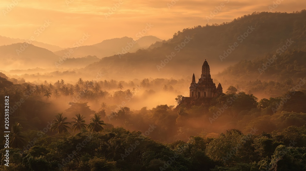 Obraz premium A misty sunrise illuminates an ancient temple nestled in a lush tropical forest surrounded by rolling hills and distant mountains.