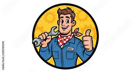 Cartoon mechanic character with wrench and thumbs up