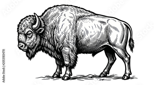 Majestic Bison Standing Profile - Vintage Engraving Style Black and White Illustration