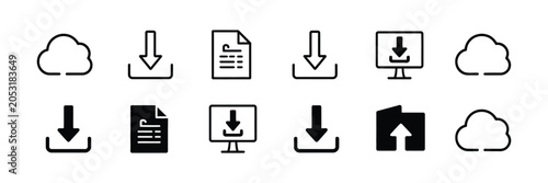 Foto Download and upload icon set, file sharing and cloud storage symbols vector collection