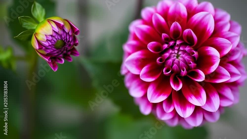 Captivating close-up of Dahlia flower with vibrant pink petals and green leaves footage