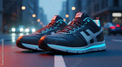 Stylish sneakers on urban street with glowing lights at dusk