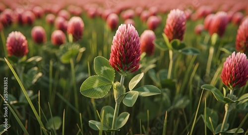 Field of vibrant red clover flowers in lush green meadow
