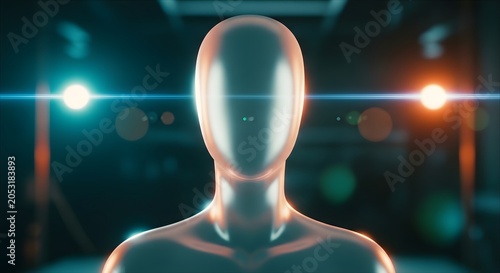 Futuristic humanoid figure in a dimly lit tech environment