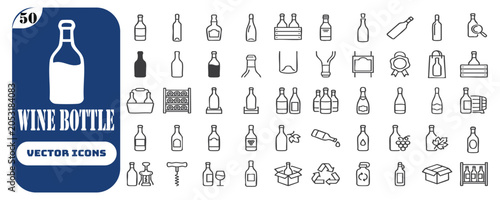 Set of 50 outline icons related to wine bottle. Linear icon collection. Editable stroke. Vector illustration.