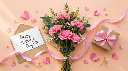 A delightful arrangement of vibrant pink carnations and delicate greenery, accompanied by a charming handwritten 'Happy Mother's Day' card and a beautifully wrapped gift, all adorned with soft
