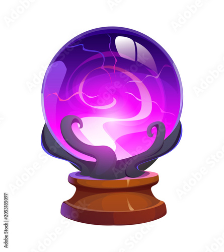 Foto Cartoon Halloween mystical crystal ball glowing with purple light on wooden stand, vector icon