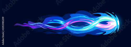 Photos Gun fire trail flame effect for game comics with blue purple plasma clot, cartoon vector icon